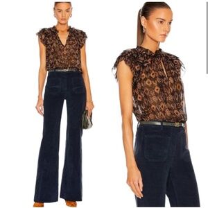 Ulla Johnson Sheer Silk Top Brown Blue Print Bohemian Size 4